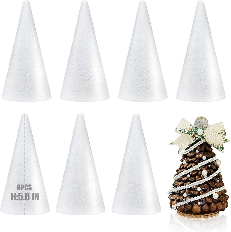 AHKUNMT 8 Pack Styrofoam Cones for Craft, 5.6x2.5in Craft Foam Tree Cones, White Small Polystyrene Foam Cones for Craft Use for DIY Art Projects, Christmas Tree Holiday Decor (5.6 * 2.5in-8pc) - Image 1